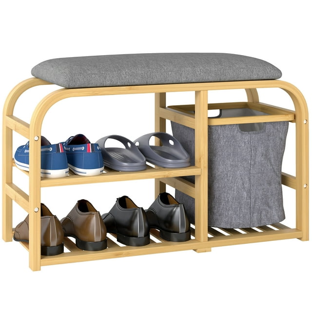 HOMCOM Banc à Chaussures en Bambou Étagère à Chaussures Banc avec Coussin Panier Bois Naturel