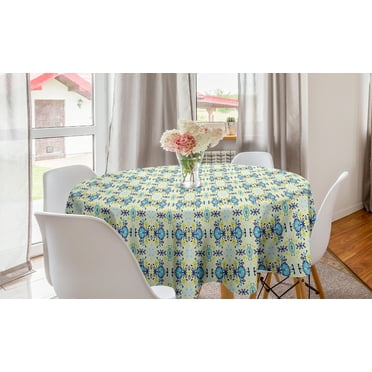Floral Round Tablecloth, Colorful Folkloric Flowers and Leaves Print, Circle Table Cloth Cover for Dining Room Kitchen Decor, 60", Cream Quartz Sky Blue, by Ambesonne