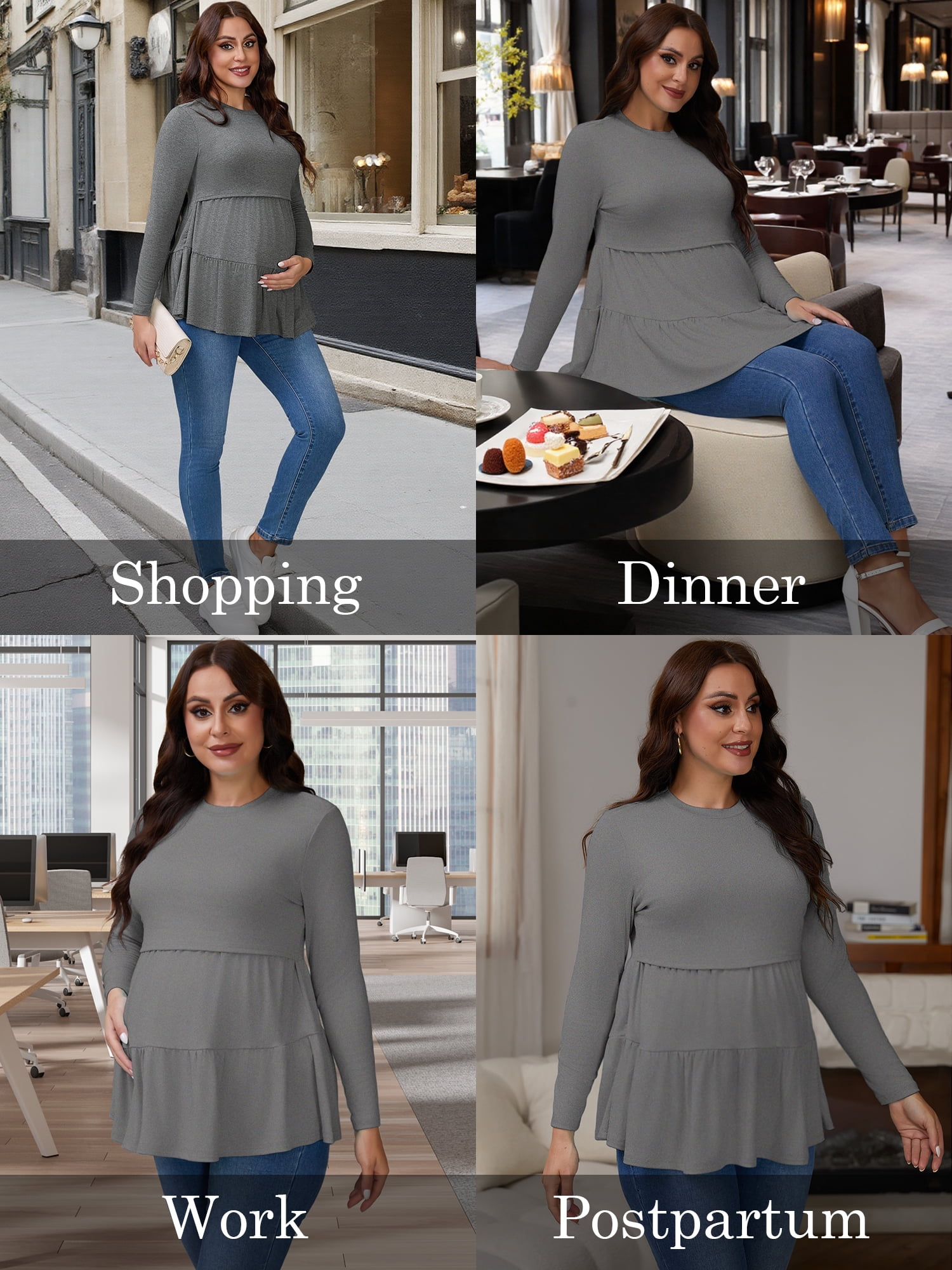 DARING DIVA Women's Nursing Breastfeeding Long Sleeve Tiered Pumping T-Shirts XL Gray