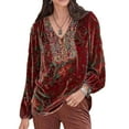 thumbnail image 4 of Womens V Neck Floral Print Velvet Shirt Casual Long Sleeve Top Blouse Oversized Boho Embroidered Tunic Shirts Red XL, 4 of 4