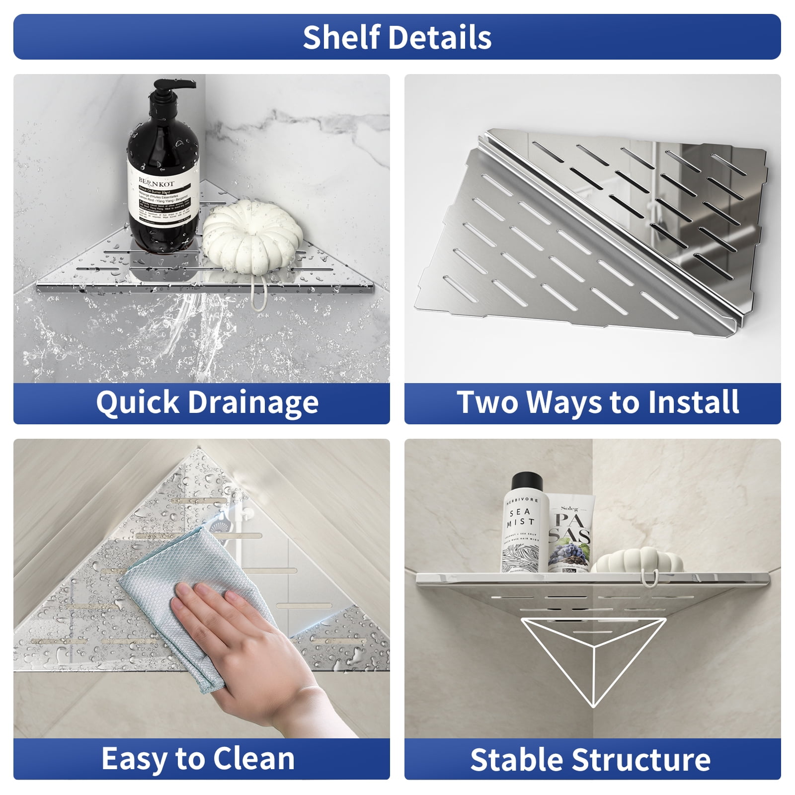Bernkot Corner Shower Shelves 10" Polished 304 Stainless Steel Recessed Corner Shelf with Slot Design, Grout in Bathroom Shelves for Tile Walls, 2 Pack