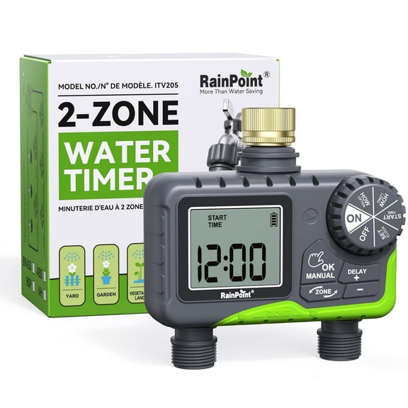 RainPoint Sprinkler Timer Dual Zones Automatic Irrigation System Controller, Easy Programming Hose Timer, 7-Day/12H Scheduling for Garden/Yard (Green, Brass Inlet)