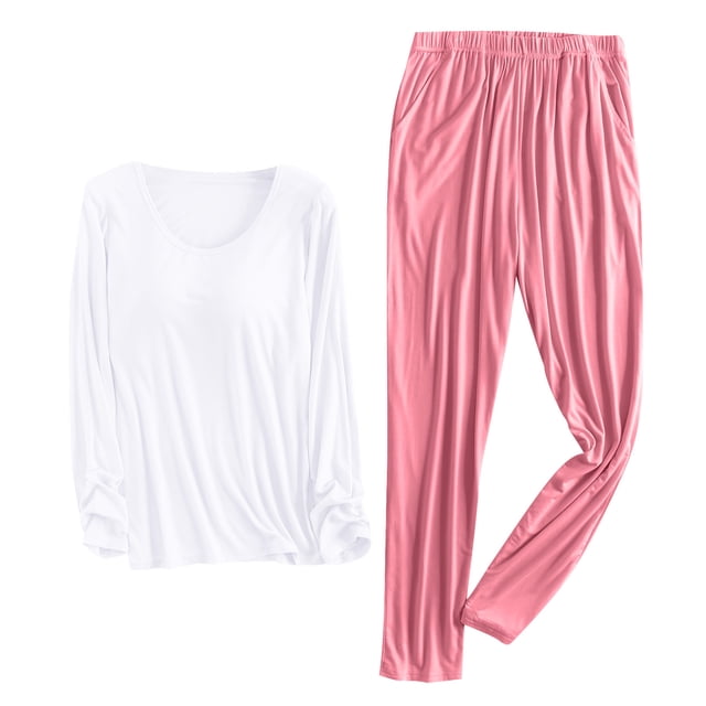 Bowake Pyjamas pour Femmes 2 Pcs Tenues Col Rond Manches Longues Hauts et Pantalons Ensembles Vêtements de Nuit Pjs avec Coussinet de Poitrine