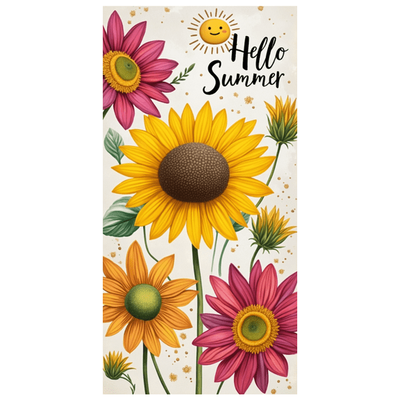 Floral Design Summer Banner Colorful Sunflowers Hello Text for Outdoor Decor Garden Party Seasonal Celebration