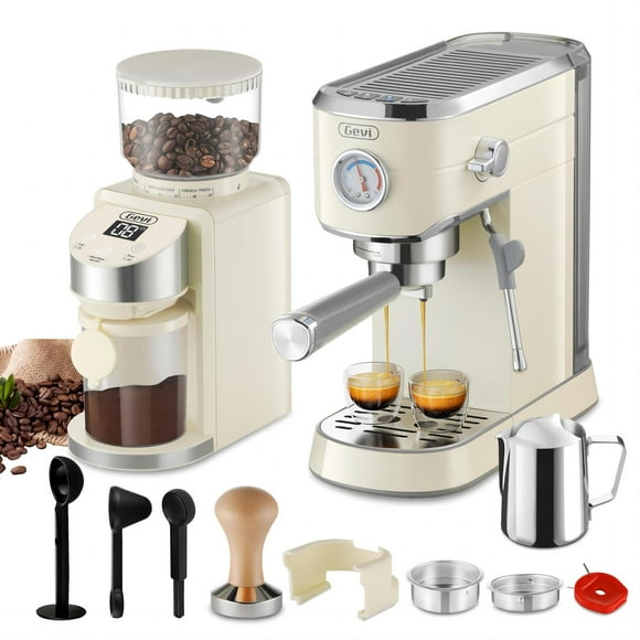 Máquina de Espresso Gevi Beige Compacta 20 Bares con Espumador de Leche y 35 Ajustes de Molienda multicolor