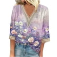 thumbnail image 2 of qelini Womens 3/4 Sleeve Tops T Shirts V Neck Beach T Blouse Ladies Lace Flowers and Plants Printed Pullover Loose Casual Fashion Breathable Pink M, 2 of 5