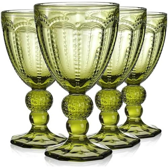 Set of 4 Vintage Green Wine Glass, 8.5 Oz Embossed Glass Goblet Colored Stemmed Drinking Glassware, Beverage Stemware for Juice, Cocktail, Party Wedding$$Home Decor, Kitchen, & Other