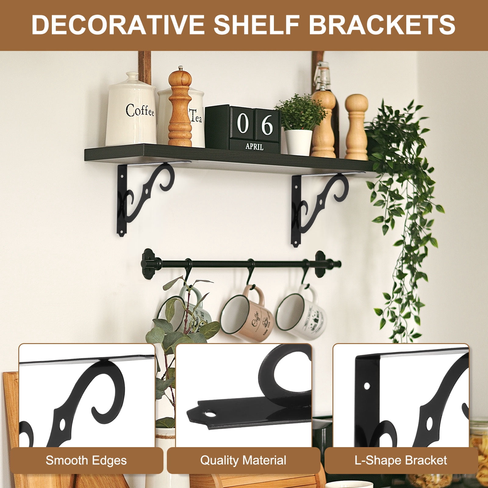 Uxcell 6 Pcs Decorative Shelf Brackets, 10" x 7" Heavy Duty Floating Shelf Brackets for Wall Bookshelves Shelves Support, Black