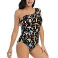 thumbnail image 3 of Gukieu Mushrooms and Autumn Leaves Print One-shoulder Ruffled One-piece Swimsuit with Removable Chest Pads and Tummy-control Swimsuit for Women-X-Large, 3 of 6