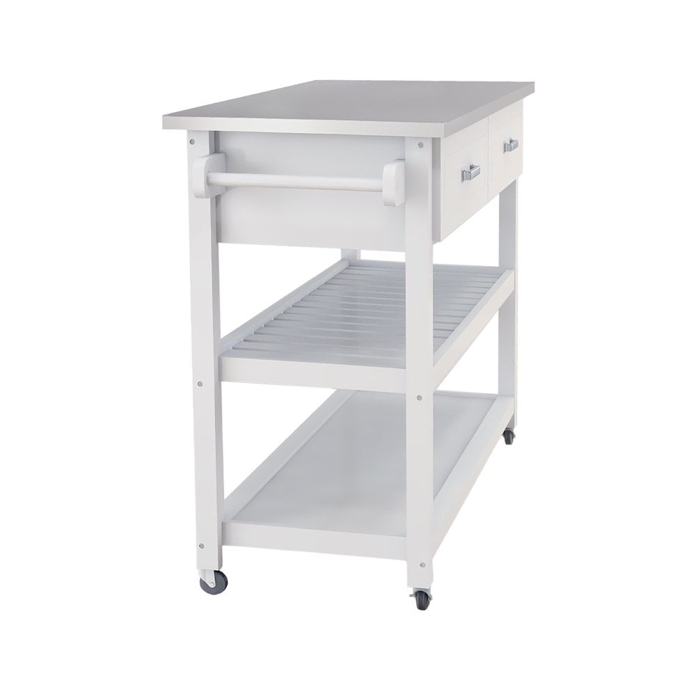 Hassch Kitchen Island with 2 Drawers Stainless Steel Table Top Storage Cabinet on Wheels, White