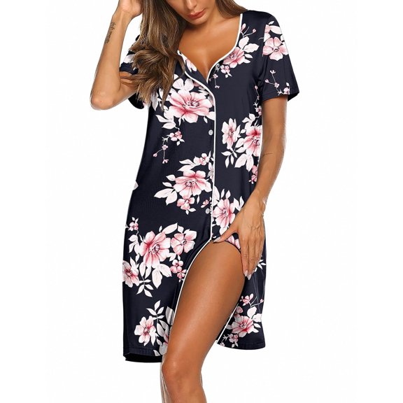Fiykzur Women's Nightgown Button Down Nightshirt Short Sleeve Sleepshirt Soft V Neck Sleepwear Pajama Dress