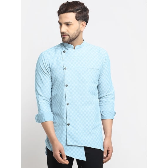 eloria Traditional Men's Sky Blue Geometric Woven Design Asymmetric Kurta