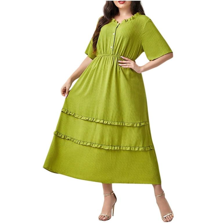 Abomasnow Women's Plus Size Spring Summer Dresses Casual Short Sleeve  Ruffle Neck Tiered Knit Dress Loose Fit A Line High Waist Maxi Dress -  Walmart.com