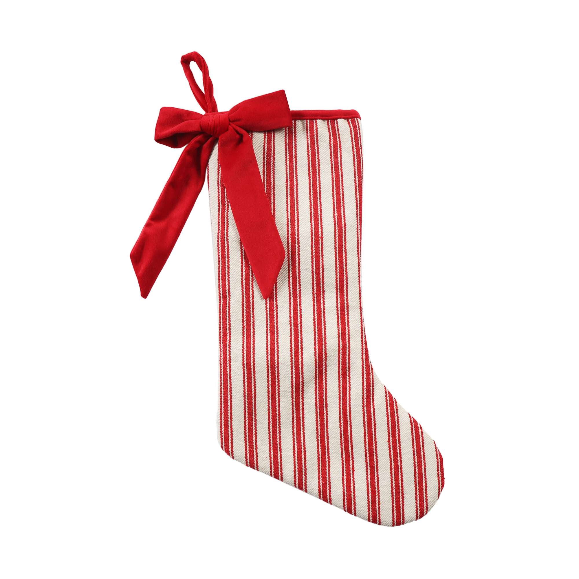Holiday time Stripe Stocking,21 inch,red colour, Holiday Time 21 inch Stripe Stocking,linen material base,cream and red stripe fabric, a big red bow attached to the stocking,use for Christmas decoration.