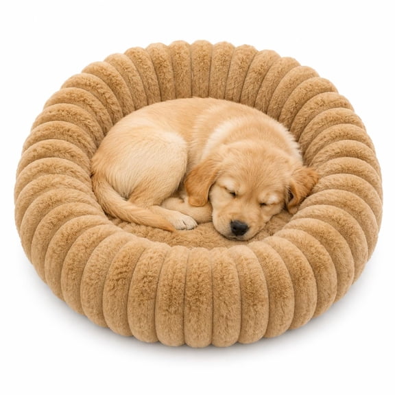 Round Calming Pet Bed, Ultra Soft Plush Donut Dog Bed with Cushioned Rim, Nest-Like Sleeping Bed for Dogs and Cats