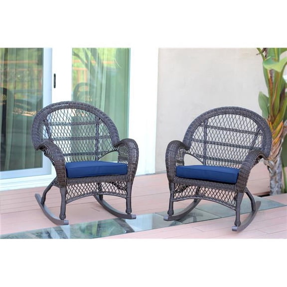W00208-R-2-FS011-CS Espresso Wicker Rocker Chair with Blue Cushion - Set of 2
