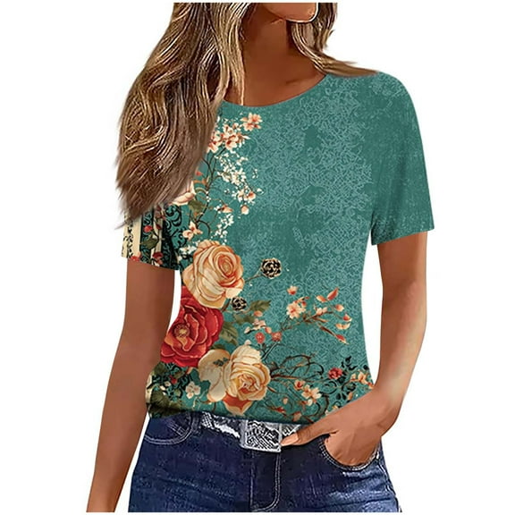 ZQUUVOU Women's T-Shirt Printed Crew Neck Short Sleeved Blouse Olive Green (XL)