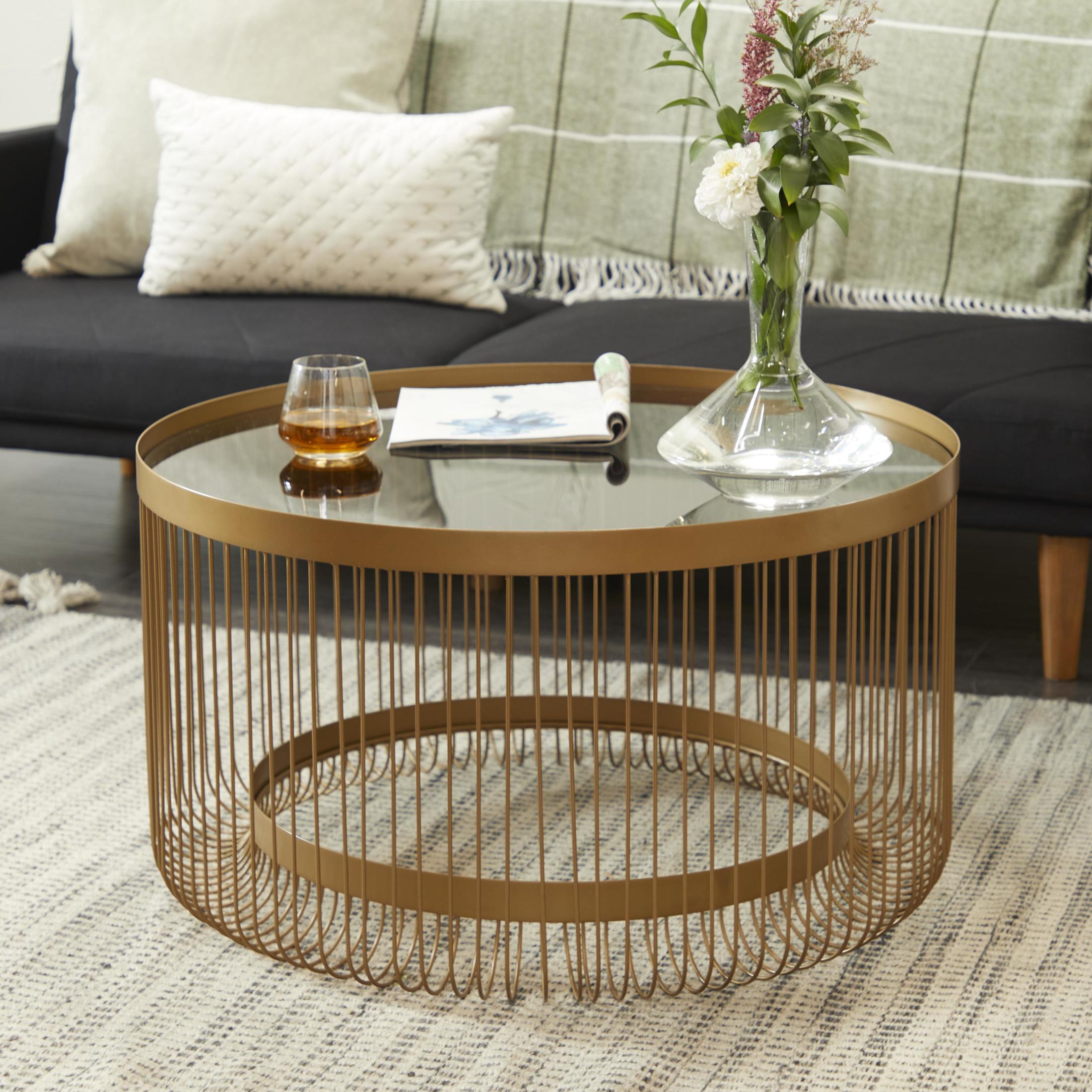 DecMode 32" x 18" Gold Metal Coffee Table with Clear Glass Top, 1-Piece