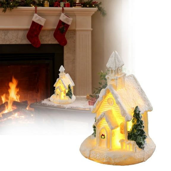 Christmas Village Houses Decorations, Light Up Resin Xmas Cabin Decor, LED Mini Village Figurines with Snowy Details, Battery Powered Farmhouse Building for Winter Home Tabletop Decor