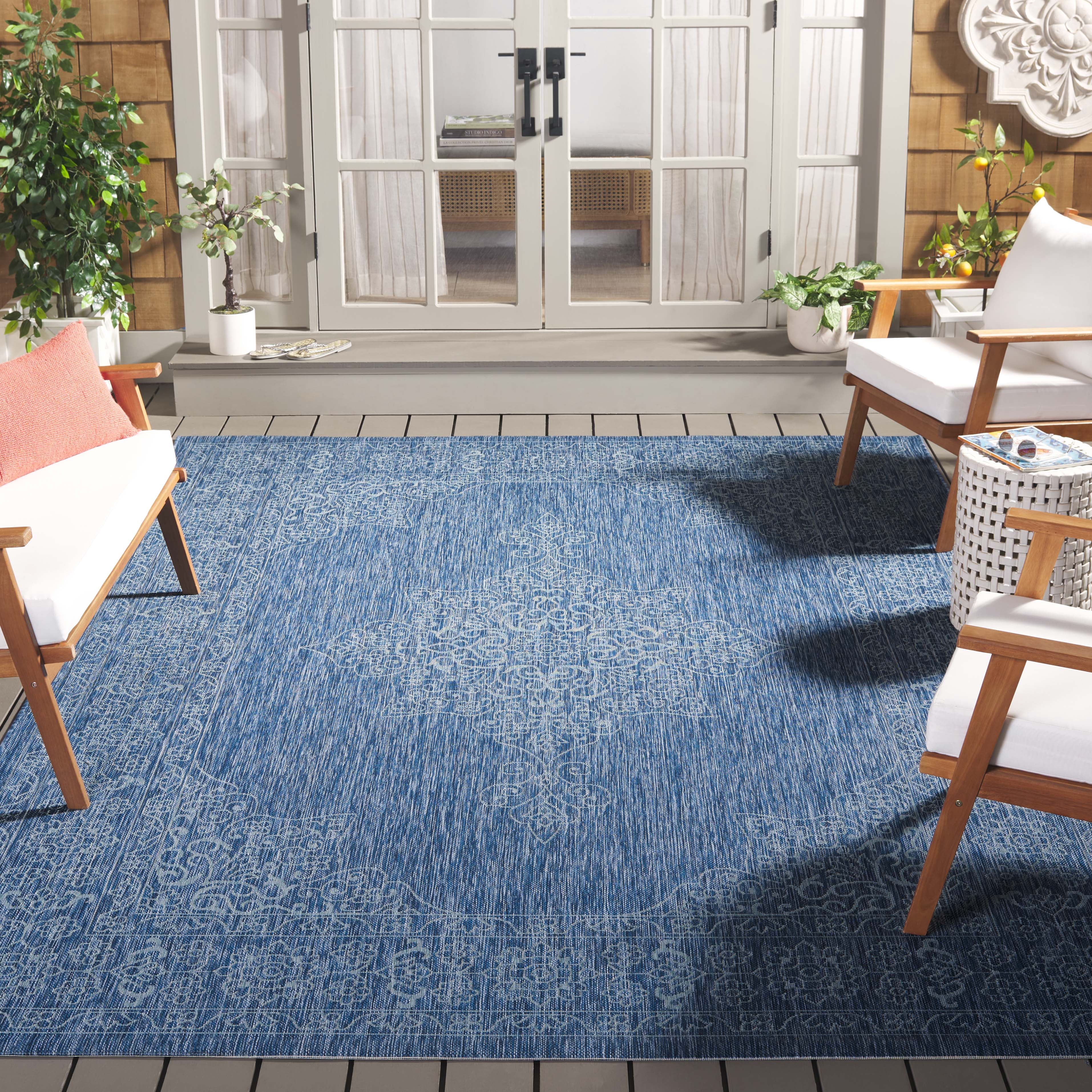 SAFAVIEH Courtyard Delbet Medallion Indoor/Outdoor Area Rug, Navy/Ivory, 6'7" x 6'7" Square
