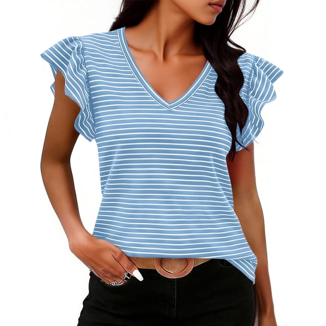 Craaazy Women's Plus Size Friendly Striped V-Neck Ruffle Short Sleeve Top for Daily Wear