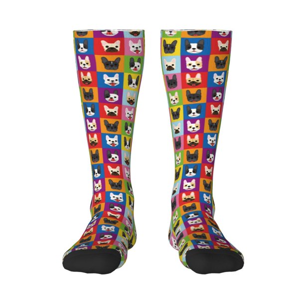 Fotbe Colorful Bulldog Calcetas Divertidas Estampadas para Hombre y Mujer, Calcetas de Algodón hasta la Rodilla para Caminar, Correr, Enfermería y Embarazo