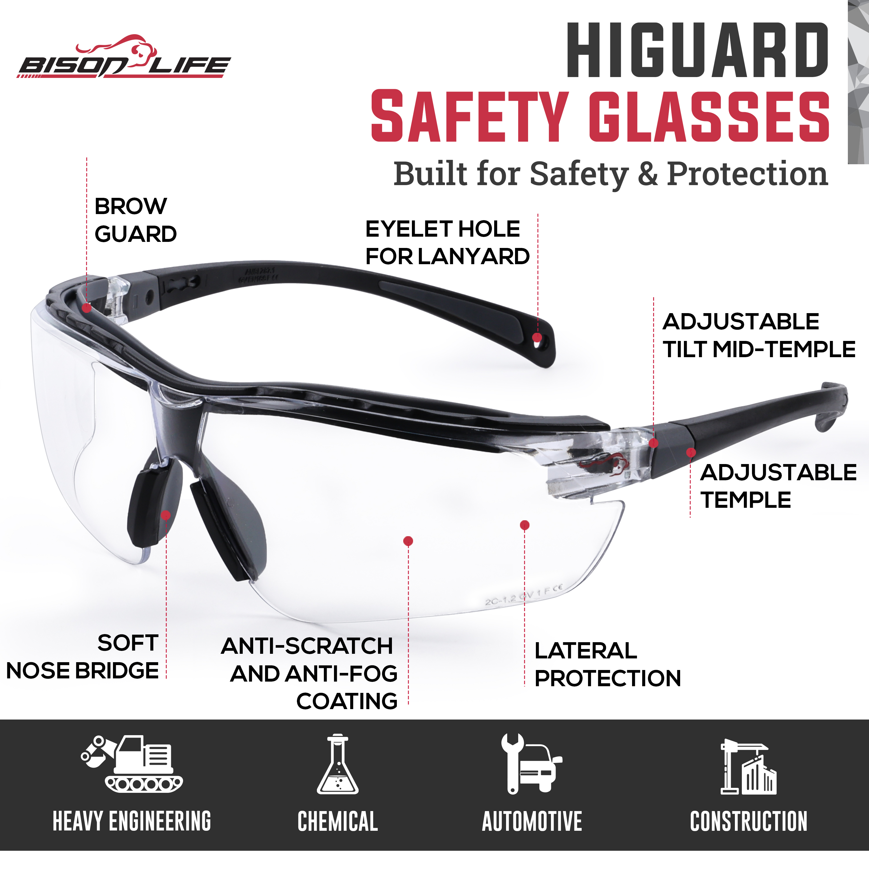 BISON LIFE HiGuard Anti-Fog Safety Glasses with Adjustable Anti-Slip Temples, Anti-Scratch Lenses & UV400 Eye Protection, Pack of 2