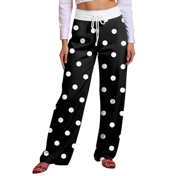 Women's Winter Drawstring Polka Dot Print Full Length Casual Sports Pants, Black, Size L