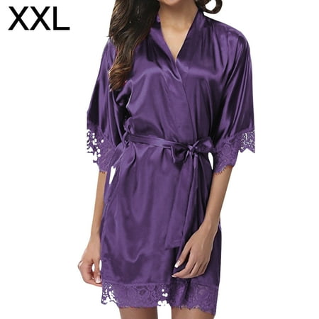 

Wedding Dressing Gown Women Short Satin Bride Robe Lace Silk Kimono Bathrobe Summer Bridesmaid Purple XXL