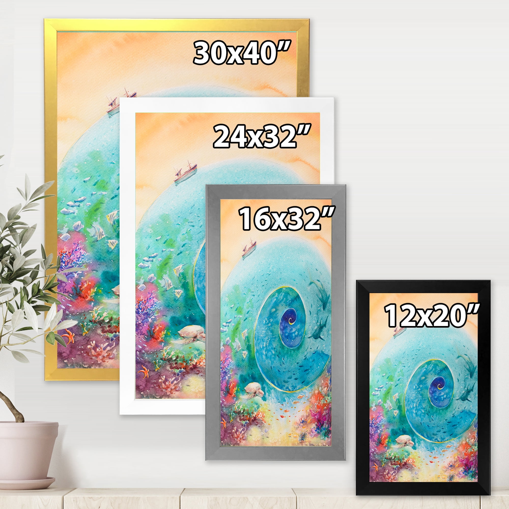 Designart 'Coral Reef Fishes With Turquoise Ocean Spiral' Nautical & Coastal Framed Art Print