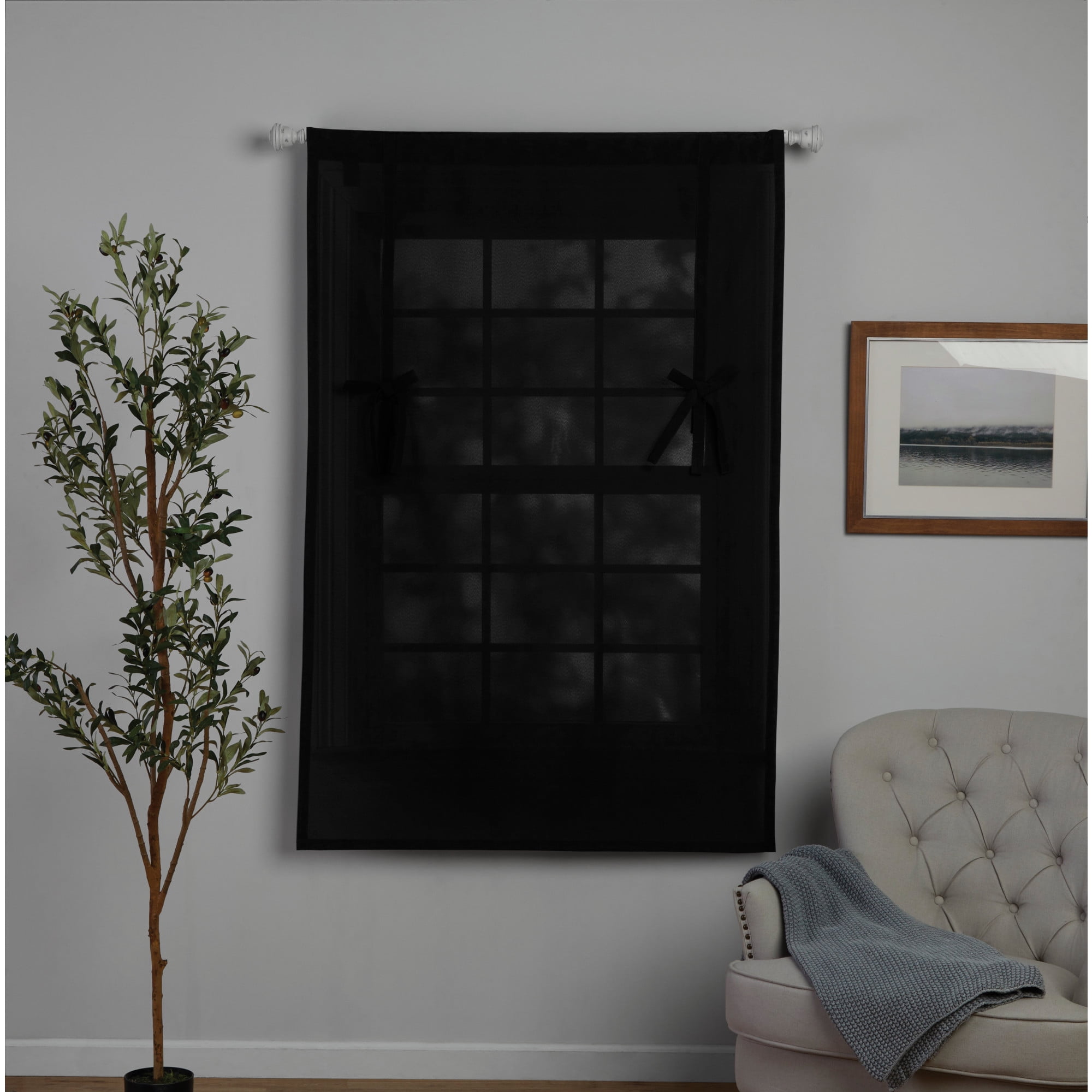 Mainstays Tie up Balloon Shade Pole Top, Rich Black, Polyester, Recycled Poly, 42"W x 63"L, 1 Piece, Indoor Curtain, Adult