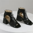 thumbnail image 5 of Womens Sandals 2024 Fashion Solid Color Leather Hollow Open Toe Thick High Heeled Front Zipper Roman Sandals, 5 of 9