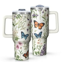 OBREWU Pioneer Flower and Butterfly Tumbler with Handle and Lid,Pioneer Flower and Butterfly 40oz Double Wall Vacuum Insulated Tumbler,Cups Gift for Women and Men