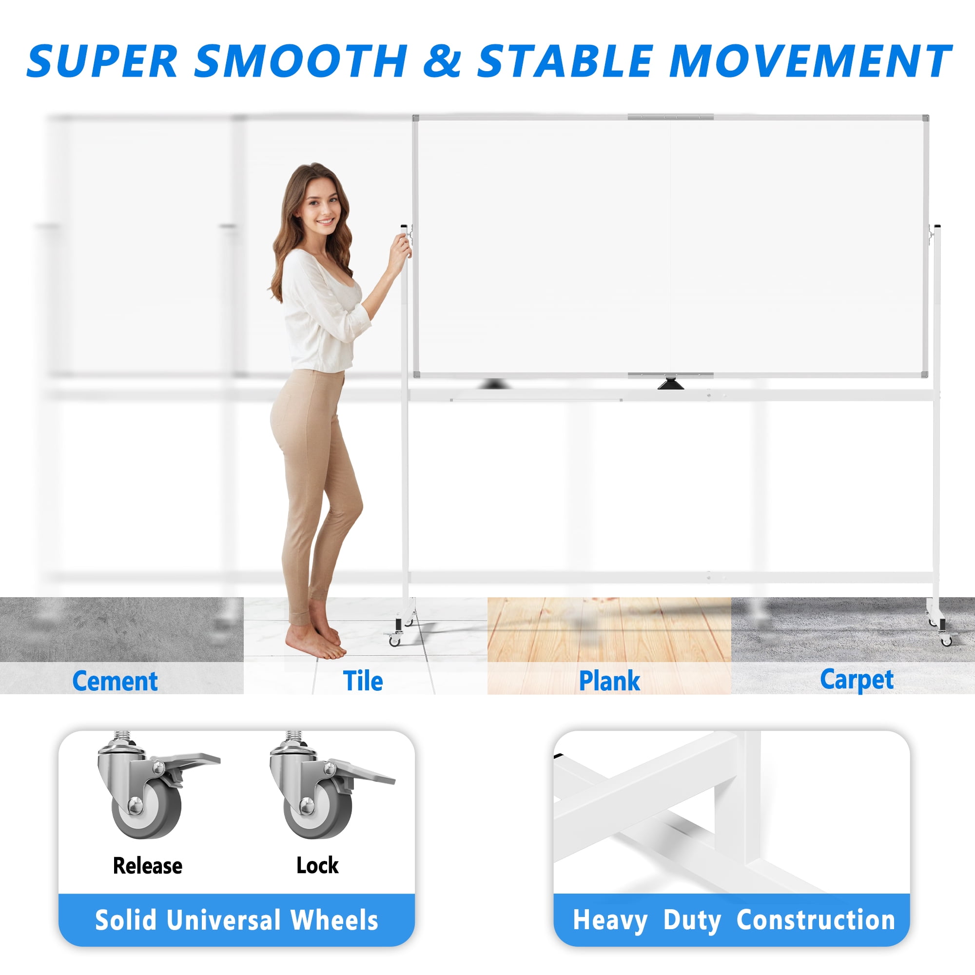 Tooloton Rolling Whiteboard,72"x36" White Board with Stands Movable Dry Erase Board on Wheels, Large Double Sided Standing Whiteboard for Office School Classroom Presentation Supplies