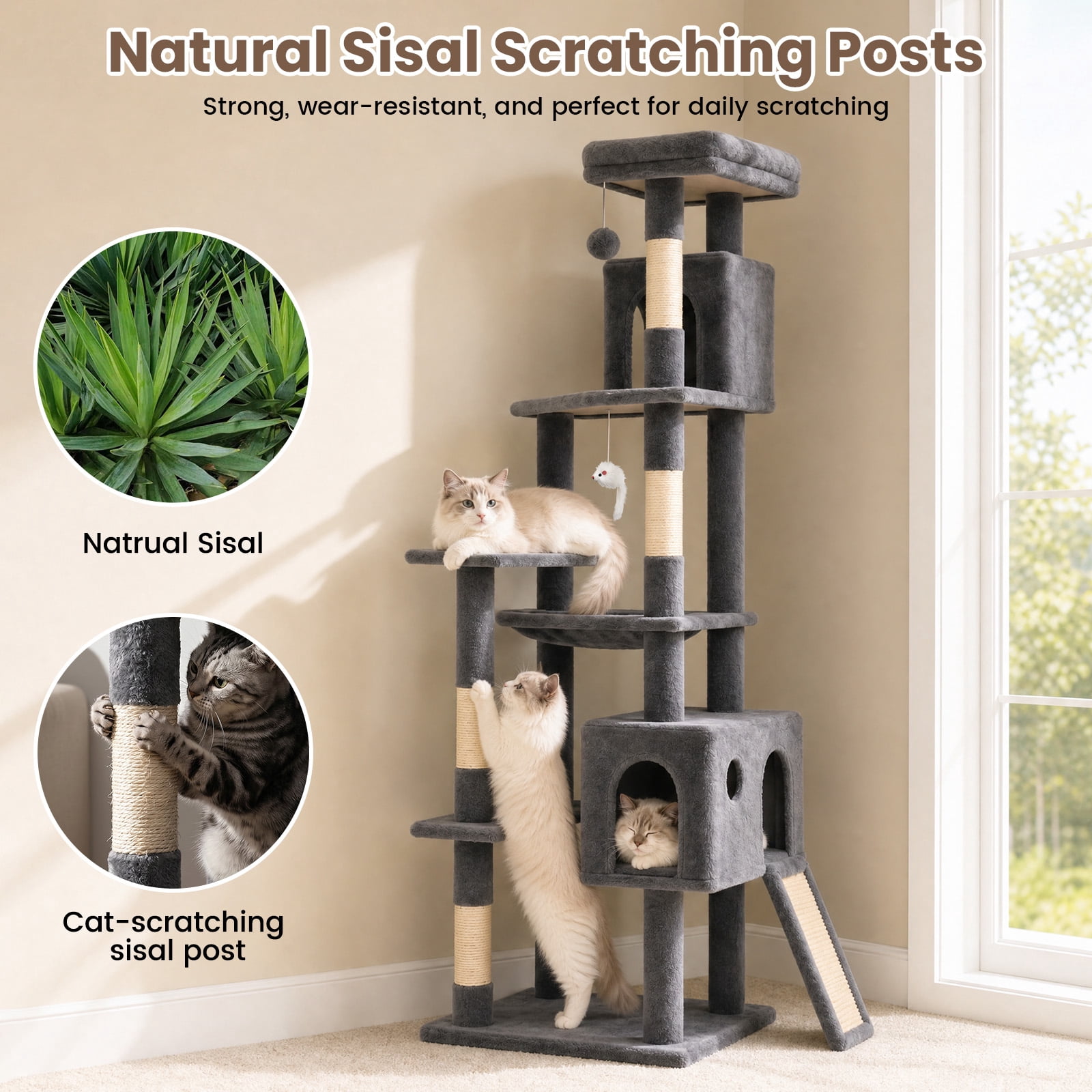 70" Cat Tree Tower, Heavy Duty Cat Tower for Multiple Adult Cats, Multi-Level Tall Cat Tree with 2 Condos, Hammock and Scratching Post for Indoor Kitties, Light Grey