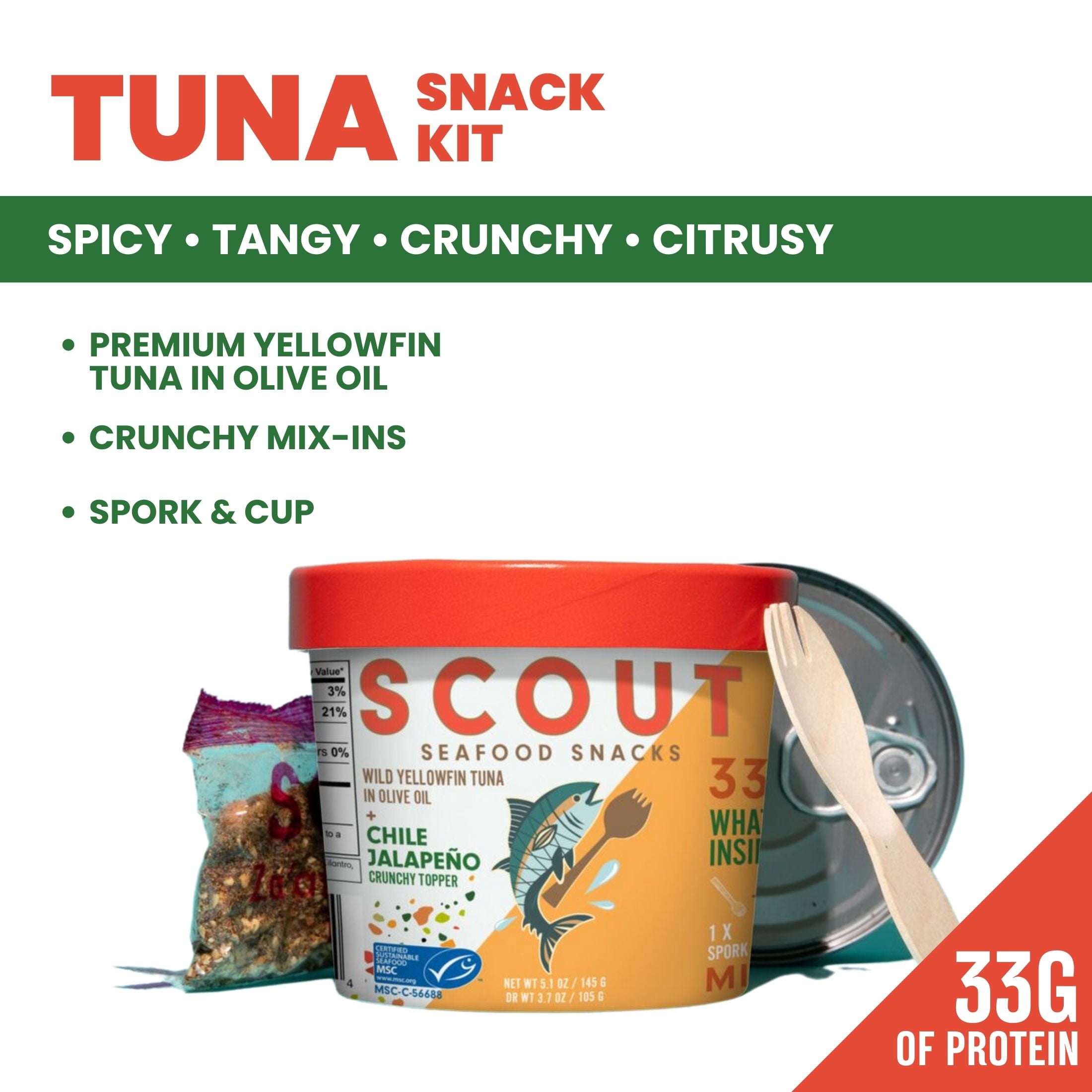 (6 pack) Scout Tuna Snack Kit, Chili Jalapeño, Wild Yellowfin Tuna + Crunchy Mix-in for 33g of Protein on the Go with Spork, 5.1oz Cup