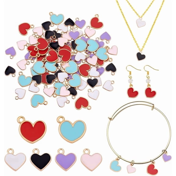 90Pcs Valentine Heart Charm 6 Style Colorful Love Heart Charm Dangle Pendants Valentine’s Day Hang Ornament for DIY Earring Bracelet Necklace Jewelry Making