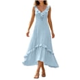thumbnail image 2 of Ayolanni V-Neck Summer Dresses for Women Elegant Sleeveless Solid Fitted Waist Maxi Dress Party Off the Shoulder Ruffled Holiday Sundress Blue L, 2 of 5