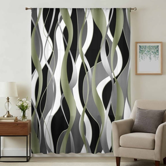 Sage Green Stripe Sheer Curtains 63 Inches Long, Grey White Geometric Modern Abstract Light Filering Curtains, Breathable Simi Curtain Privacy Drapes for Living Room Bedroom Window Treatment
