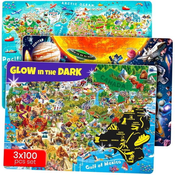 Quokka Puzzles for Kids Ages 4-6 -  100 Pieces Floor Puzzles for Kids - Glow-in-The-Dark USA World Map Puzzles
