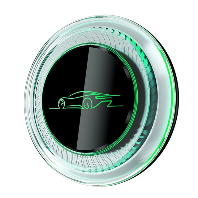 carplay inalámbrico para android auto ai box 8+128g android 13 4g g6125 gps+glonass+beidou integrados carplay inalámbrico Vista frontal centrada de unidad circular tipo disco con cara central negra brillante y icono verde de automóvil, anillo exterior translúcido con borde iluminado verde; material metal, color multicolor según lote, paquete con 1 unidad; ideal para habilitar Android Auto y CarPlay inalámbricos en autos compatibles.