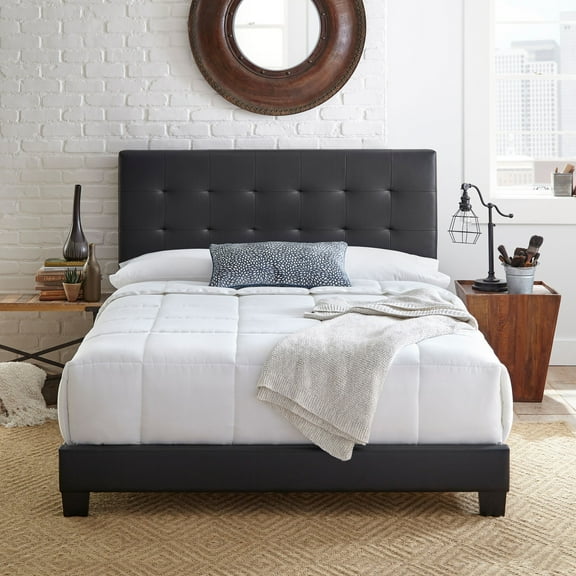 Boyd Sleep Roma Black Faux Leather Full Size Fully Upholstered Platform Bed Frame with Adjustable Headboard