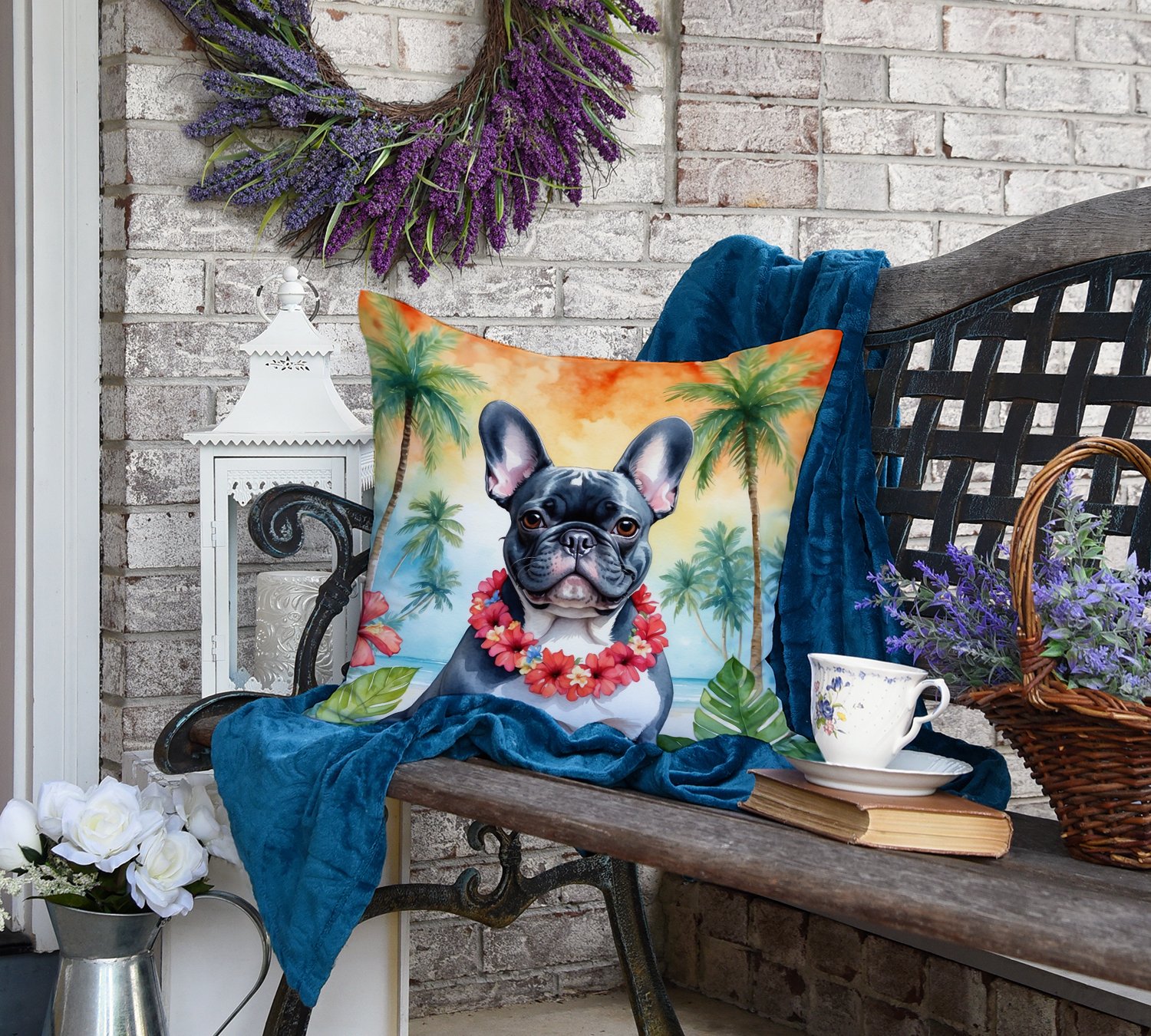 French Bulldog Luau Throw Pillow 18 in x 18 in