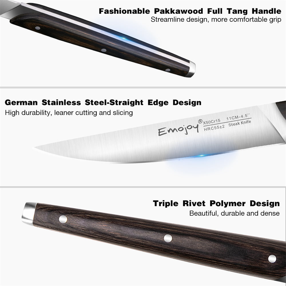 Emojoy Steak Knife Set of 2 Non Serrated Steak Knives Stainless Steel