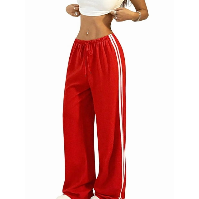 Pantalones Deportivos Holgados de Pierna para Mujer, Tiro Bajo, Estilo Y2K, con Cordón Ajustable Rojo L