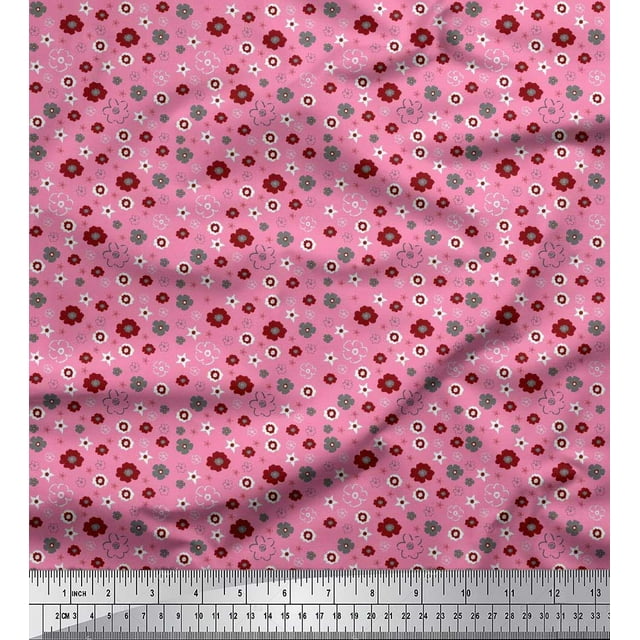 Soimoi Pink Poly Georgette Fabric Flower Artistic Print Sewing Fabric Yard 52 Inch Wide