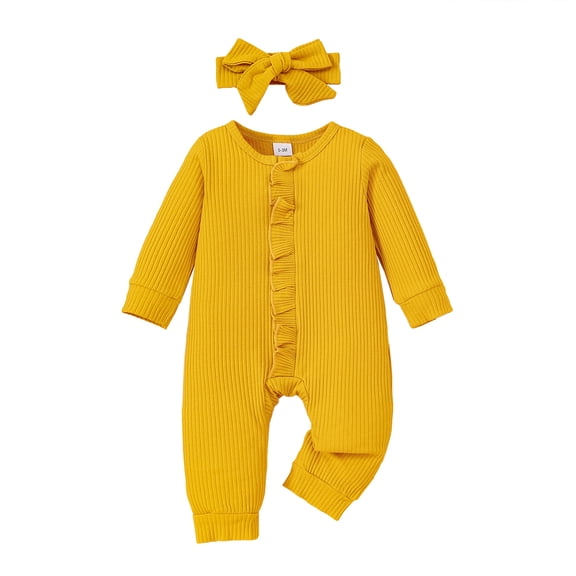 Kucnuzki Newborn Baby Girls Bodysuits 0-3 Months Winter Warm Clothes Round Neck Long Sleeves Romper Solid Color Knit Jumpsuits Button Bottom One-piece Overalls with Headband 2pcs Yellow