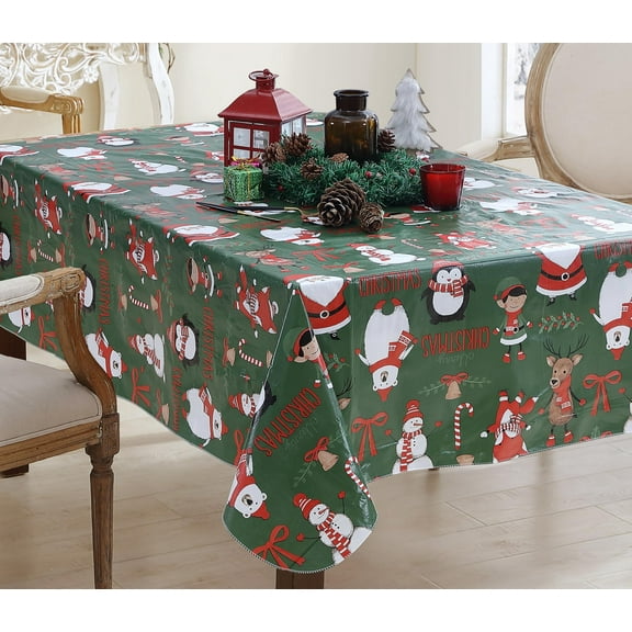 Newbridge Christmas Holiday Critters Whimsical 52 x 52 inch Square Flannel Backed Vinyl Tablecloth