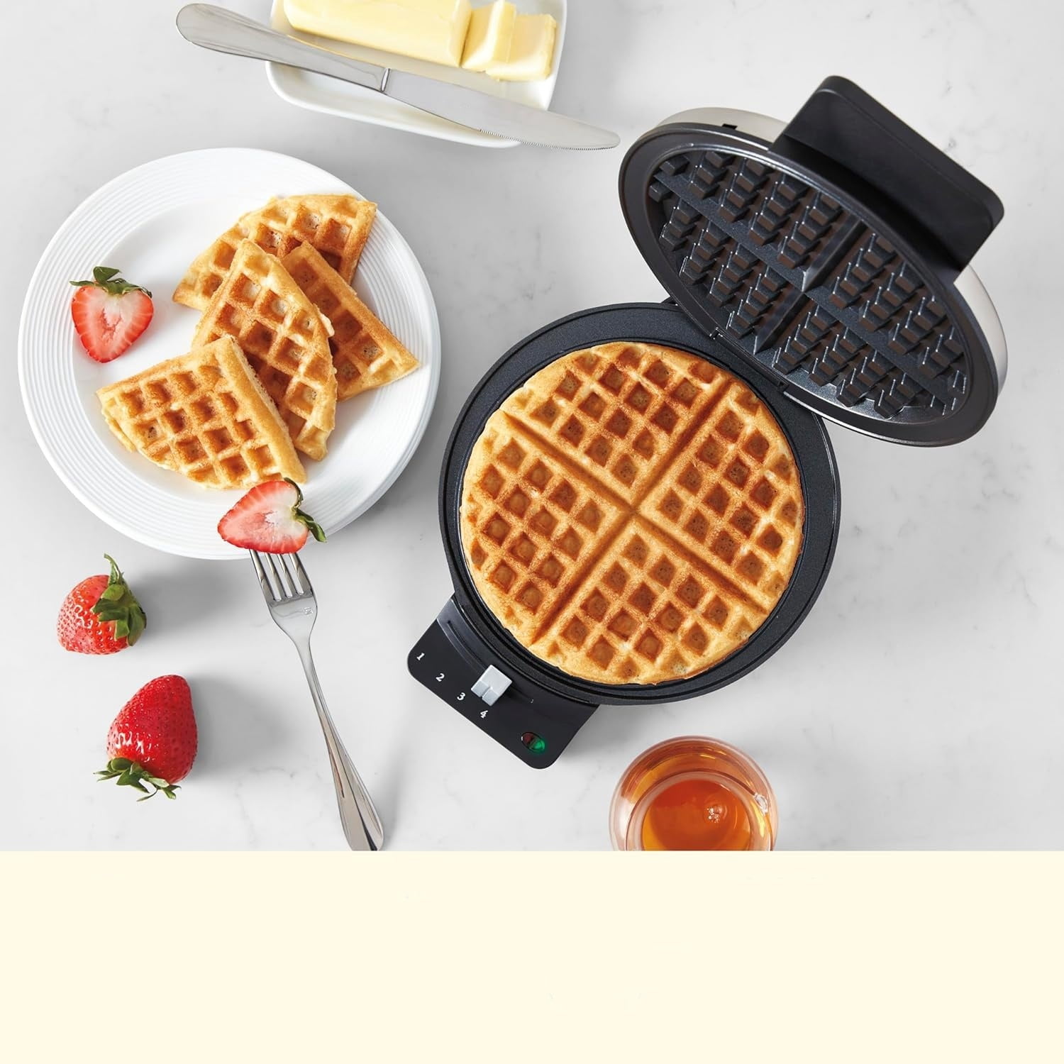 Waffle Maker, 1250W Round Classic Waffle Iron, 5-Setting Adjustable Browning Control, Brushed Stainless