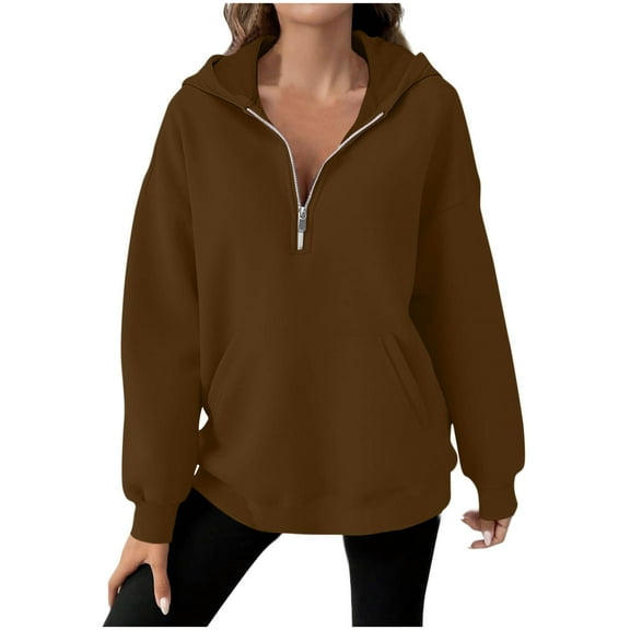 Annhoo Women's Solid Color Quarter Zip Loose Long Sleeve Tunic Blouses Hooded Pocket Casual Tops Trendy Sweatshirts